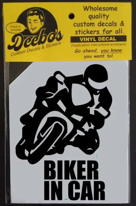 Biker in Car text featuring a rider on a superbike leaning into a corner decal